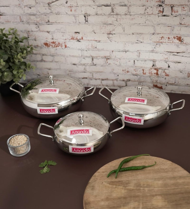 Amanda Premium Stainless Steel Handi Set with Lid | 3 Pc Set | Riveted Handles | Capacity 550ML, 950ML, 1550ML | Multipurpose Cook & Serve Set for Dining Table | Durable, Easy to Clean, Rust-Resistant - Image 2