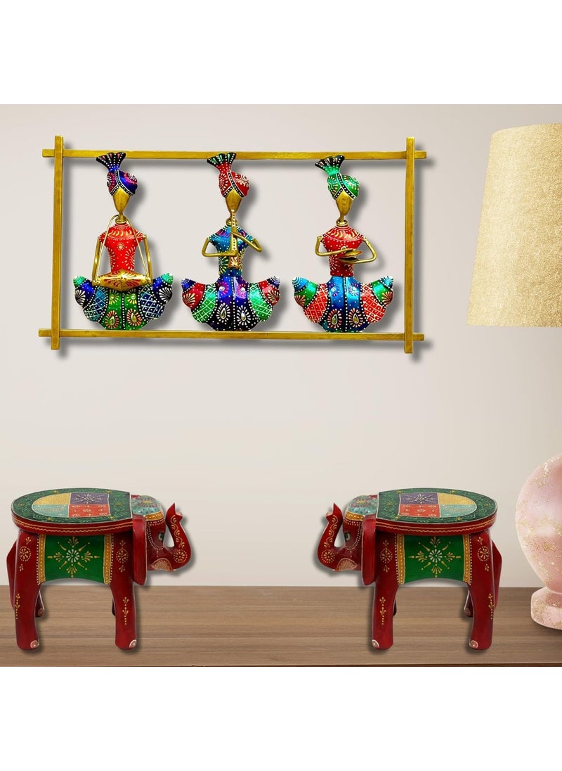 pranjals house - pranjals house Decorative Metal Handpainted Rustic Iron Wall Hanging of 3 Rajasthani Musician Art Sculpture for Home Office Wall Decor/Wall Hanging (19 x 10.5 Inches) - Image 1