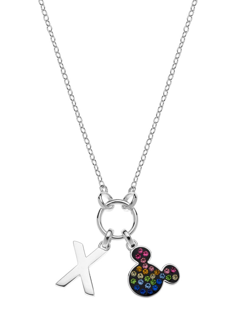 Disney Mickey Mouse Rainbow Crystals with Letter X Pendant in 18K Sterling Silver Necklace - Image 1