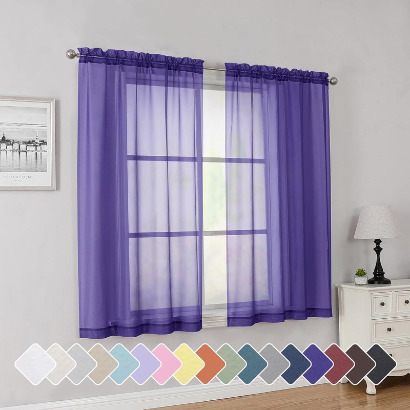 SimpleBrand Purple Short Sheer Curtains 45 Inch Length for Small Windows, Rod Pocket 2 Panels Set Solid Voile Drapes Window Sheer Curtains for Bedroom Bathroom Kids Room Kitchen, 42x45 Inch - Image 1