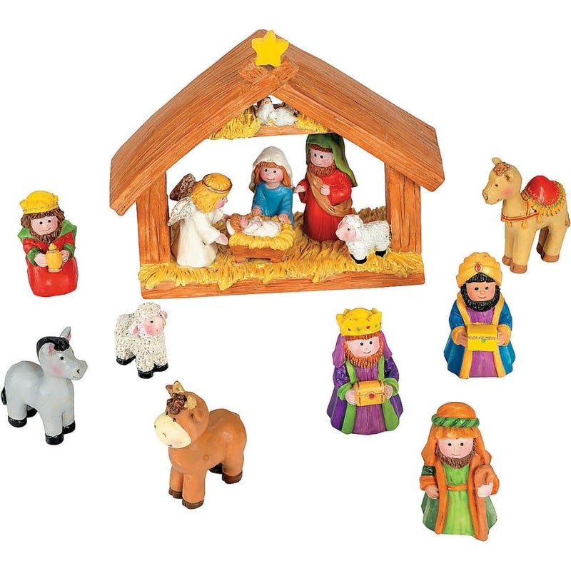 Fun Express Mini Christmas Nativity Set Stable with Jesus Mary Joseph Wisemen  9 Pieces Red Blue Green Beige Brown