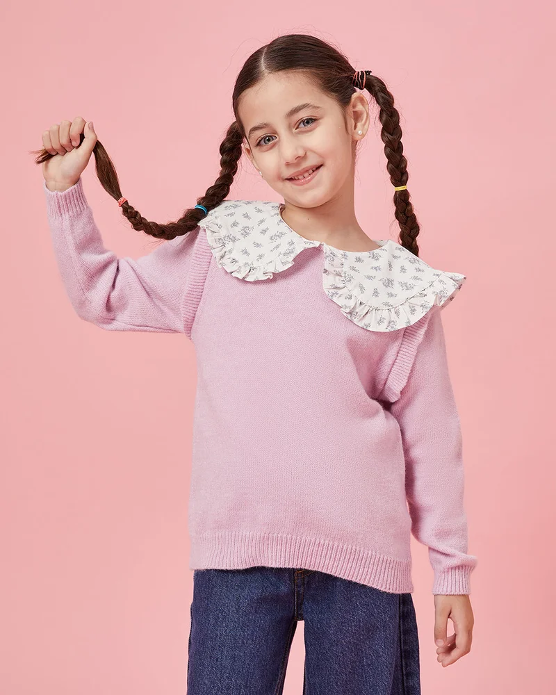 REDTAG Girls Lilac Collared Pullover