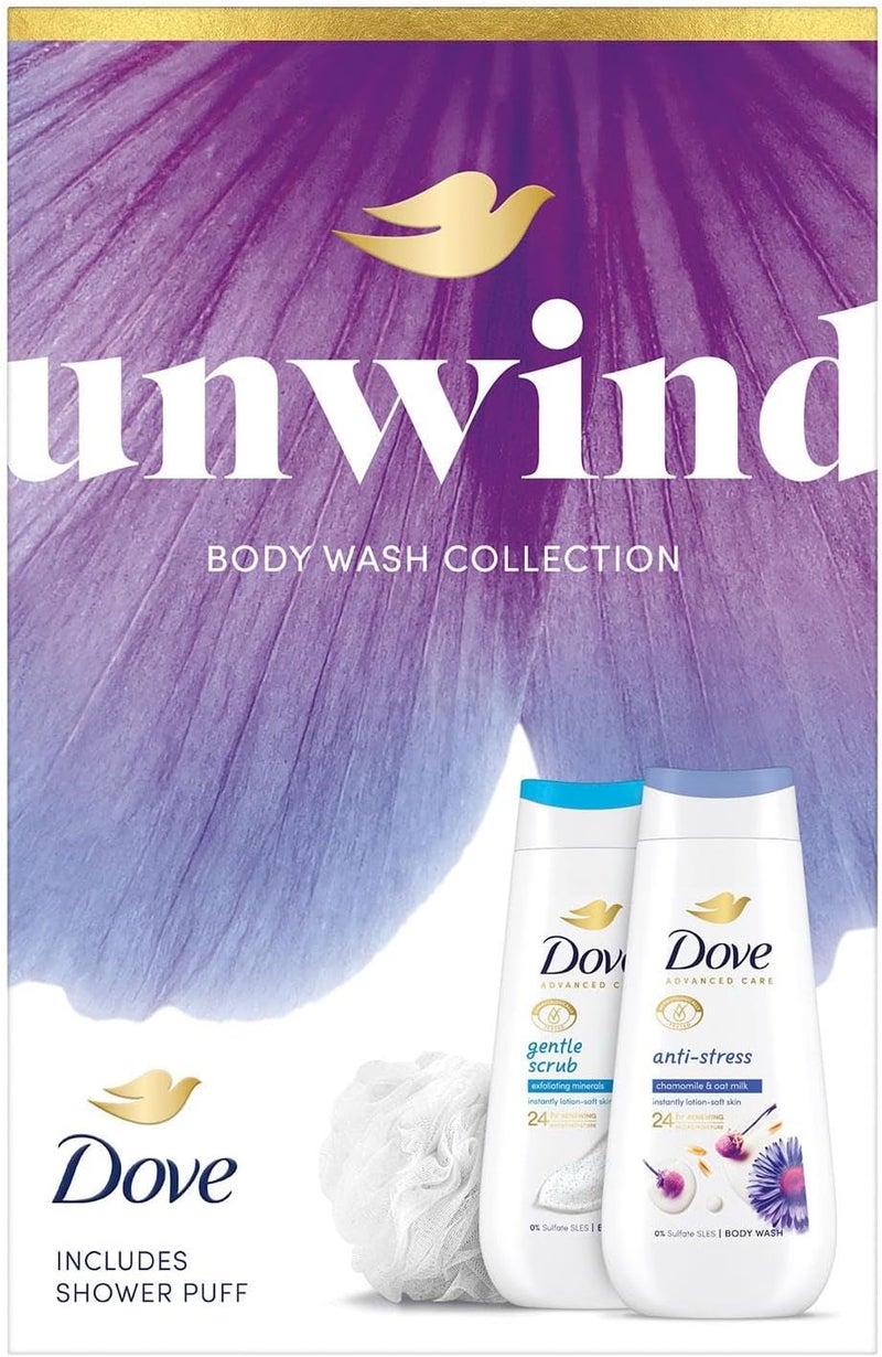 Dove Unwind Duo Bodywash Gift Set with Exfoliating Anti Stress 225ml Nourishing Skin Cleanser for Women Daily Shower Essentials with Calming and Smoothing FormulaIdeal Pamper Gift