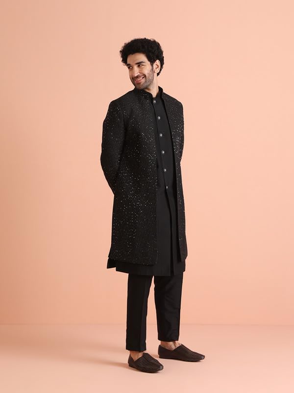 KISAH Mens Jacket Sherwani Trouser Set|Blended Fabric Embellished Pattern Indo-Western Set for Men|Regular Fit Mandarin Collar Long Sleeves, Black, 44 - Image 3