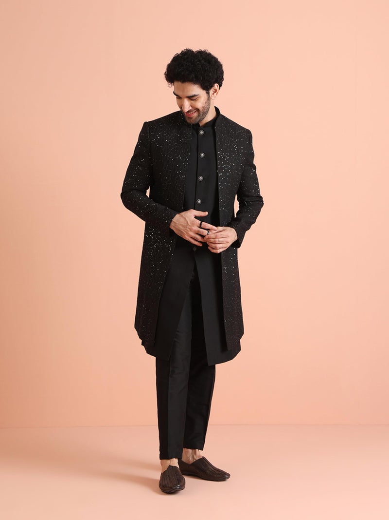 KISAH Mens Jacket Sherwani Trouser Set|Blended Fabric Embellished Pattern Indo-Western Set for Men|Regular Fit Mandarin Collar Long Sleeves, Black, 44 - Image 2