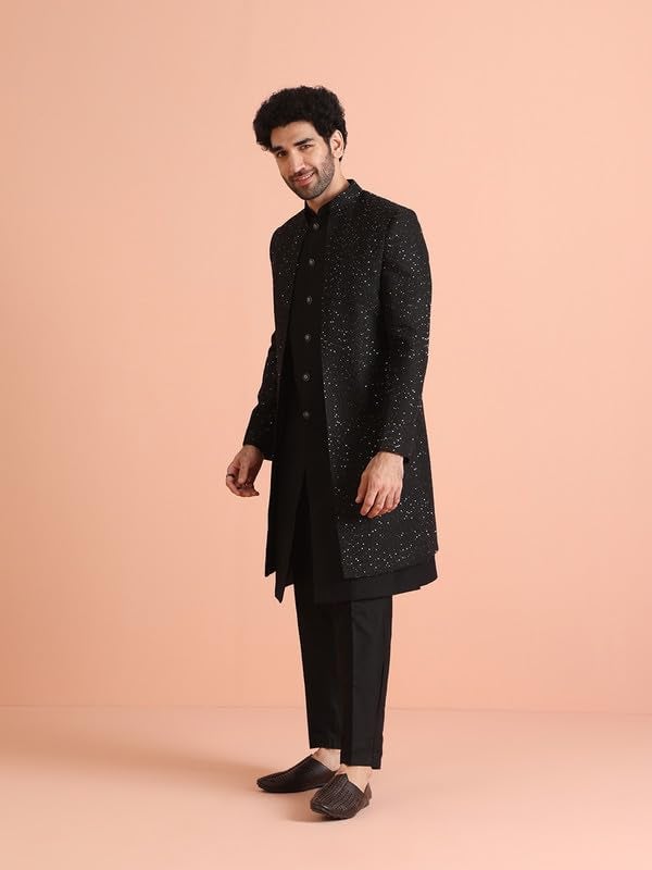 KISAH Mens Jacket Sherwani Trouser Set|Blended Fabric Embellished Pattern Indo-Western Set for Men|Regular Fit Mandarin Collar Long Sleeves, Black, 44 - Image 4
