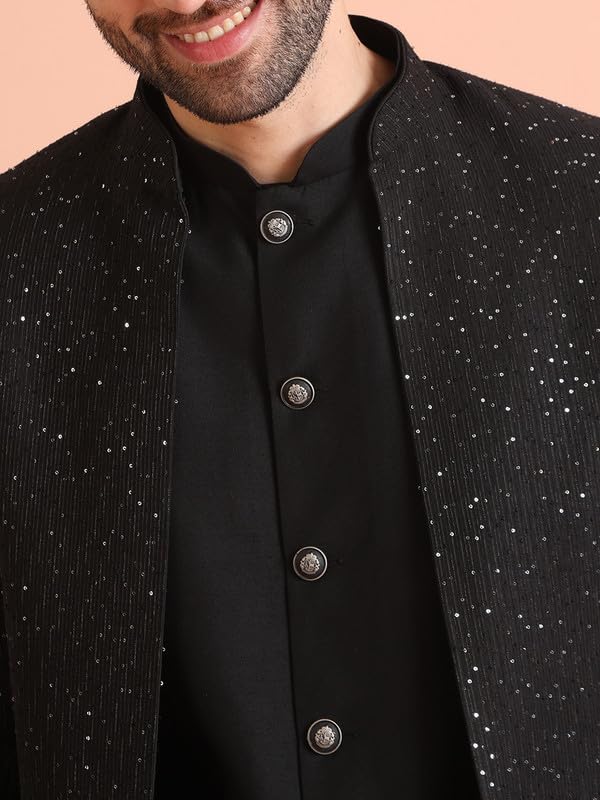 KISAH Mens Jacket Sherwani Trouser Set|Blended Fabric Embellished Pattern Indo-Western Set for Men|Regular Fit Mandarin Collar Long Sleeves, Black, 44 - Image 5