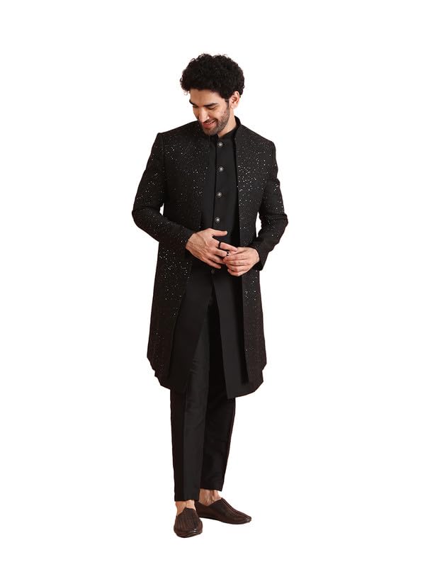 KISAH Mens Jacket Sherwani Trouser Set|Blended Fabric Embellished Pattern Indo-Western Set for Men|Regular Fit Mandarin Collar Long Sleeves, Black, 44 - Image 1