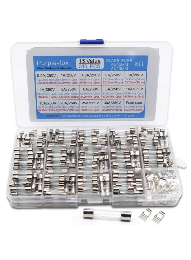 Olirexd Purple-Fox Fast-Blow Glass Fuses Assortment Kit 310Pieces 5X20Mm Fuses 6X30Mm Fuses 30 Fuse Seats  - Image 1