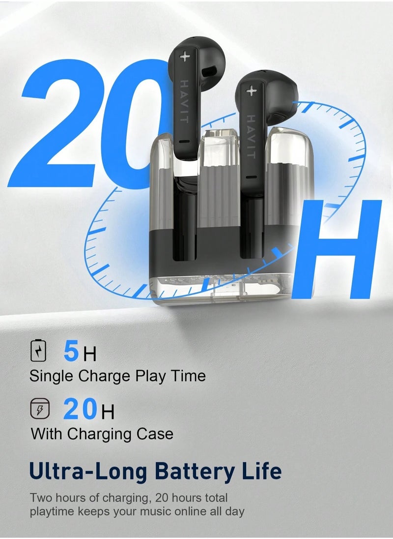 havit TWS Bluetooth Earbuds V5.3, True Wireless Earphones with Touch Control, 20H Battery Life, Immersive Stereo Sound, Sweatproof, Ergonomic In-Ear Design, USB-C Charging, iOS & Android Compatible, Sports & Gaming Headphones with Voice Assistant (Black)  - Image 3