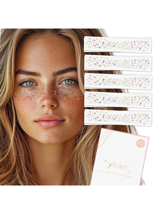 Flash+Tattoos RAINBOW CONFETTI FRECKLES set of 10 premium boho waterproof temporary metallic gold and silver jewelry foil , face tattoo, face sparkle, festival tattoo, rainbow tattoo, - Image 1