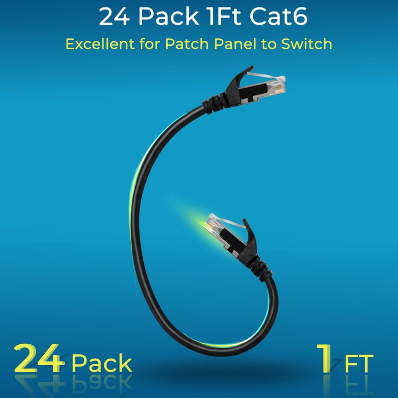 Rapink Patch Cables Cat6 1ft (24 Pack), Ethernet Patch Cable 10G, Cat 6 Patch Cable for Patch Panel to Switch, Flexiable Cat 6 Ethernet Cable with Gold Plated Black - Image 2