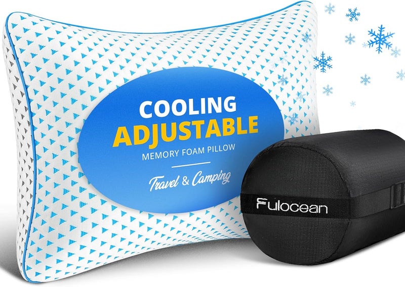 fulocean Cooling Shredded Memory Foam Travel & Camping Pillow Large, Adjustable College Dorm Pillow for Home-Like Comfort,Compressible Portable & Medium Firm Neck Support, Ideal Sleeping, Car, Airplane - Image 1