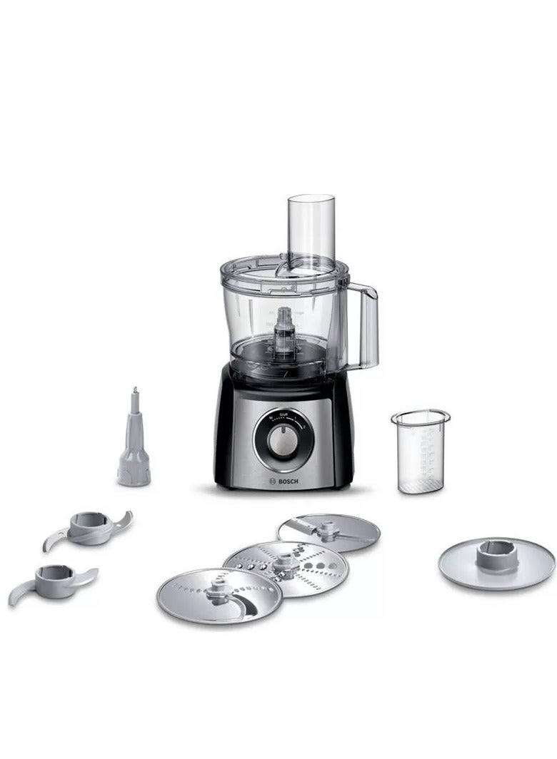 بوش محضر طعام Bosch MultiTalent 3، سعة 2.3 لتر، قدرة 800 واط، سرعتان مع خاصية التشغيل المتقطع (Pulse)، سرعة دوران 17000 دورة في الدقيقة، هيكل من الفولاذ المقاوم للصدأ المصقول (MCM3421M). 2.3 L 800 W MCM3421M - Image 1