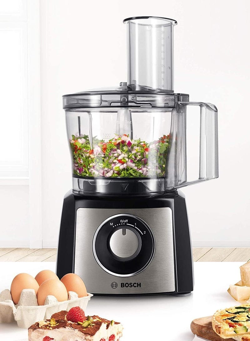 بوش محضر طعام Bosch MultiTalent 3، سعة 2.3 لتر، قدرة 800 واط، سرعتان مع خاصية التشغيل المتقطع (Pulse)، سرعة دوران 17000 دورة في الدقيقة، هيكل من الفولاذ المقاوم للصدأ المصقول (MCM3421M). 2.3 L 800 W MCM3421M - Image 2