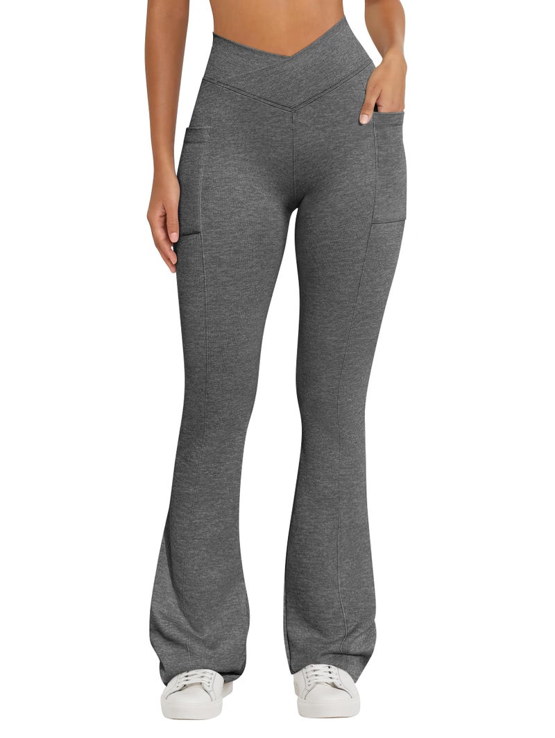 OQQ Women Pants Soft Active High Waist Crossover Flared Trousers with Pockets Heather Black - Image 1