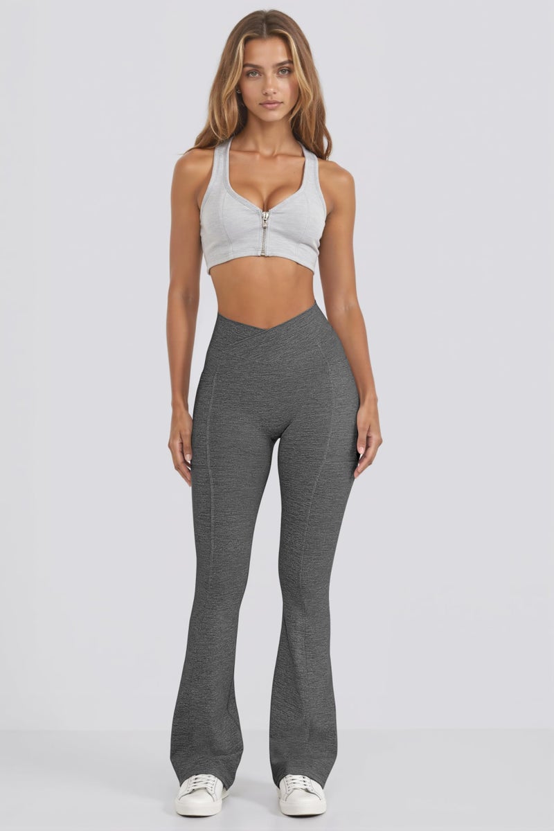 OQQ Women Pants Soft Active High Waist Crossover Flared Trousers with Pockets Heather Black - Image 5