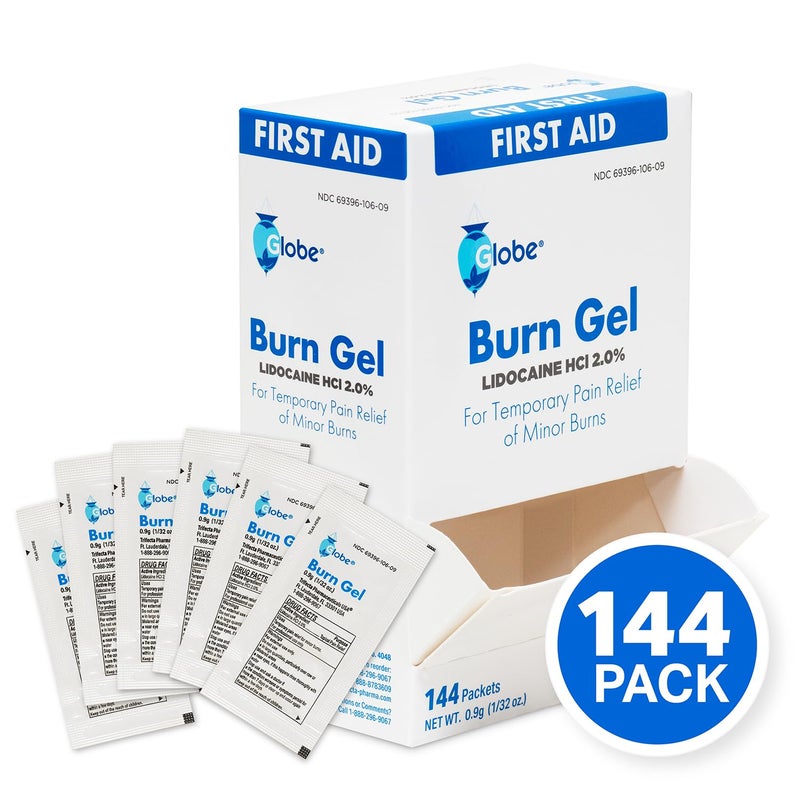 Globe First Aid Burn Gel with Aloe 0.9g Packets, (Box of 144) Advanced First Aid Gel for Temporary Relief of Minor Burns, Cuts, and Scrapes - Image 1