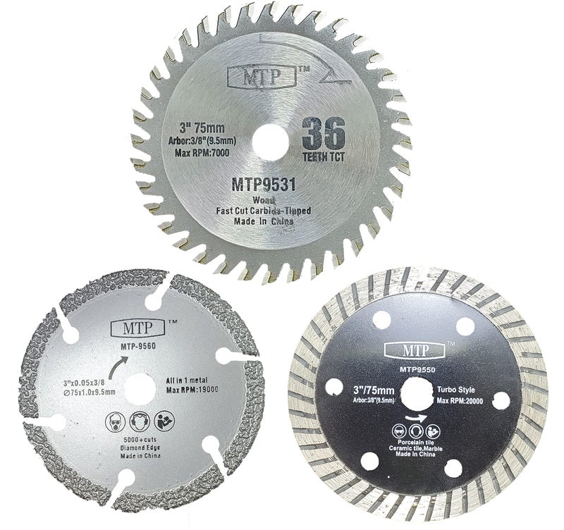 3 75mm AssortedWood PlasticMetalTile 38 95mm Arbor Cutting Blade Compatible for Cut Off Saw 3 Assorted WoodMetalTile
