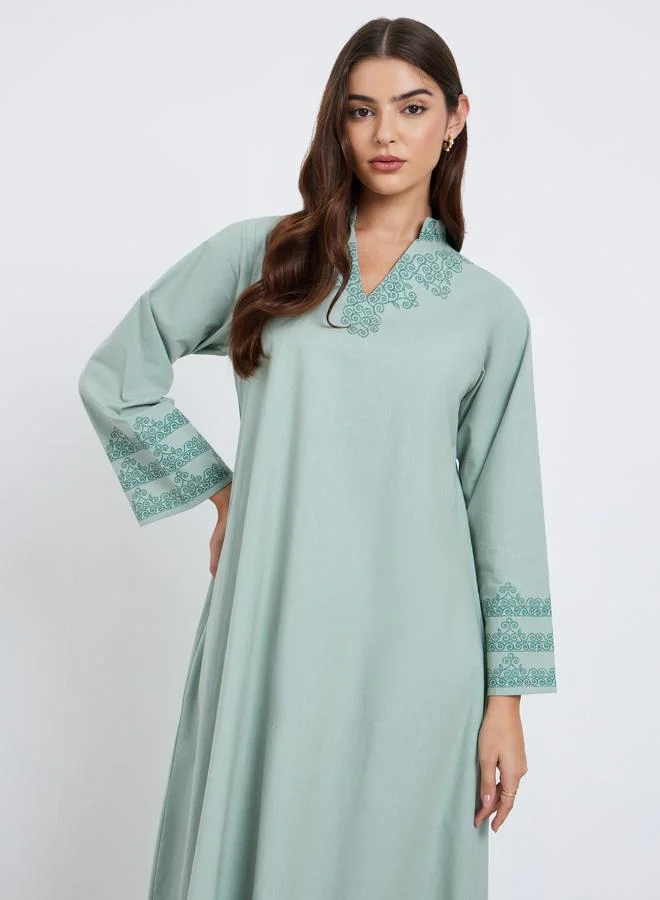 Amirah Amirah Green Printed Panel Cotton Jalabiya