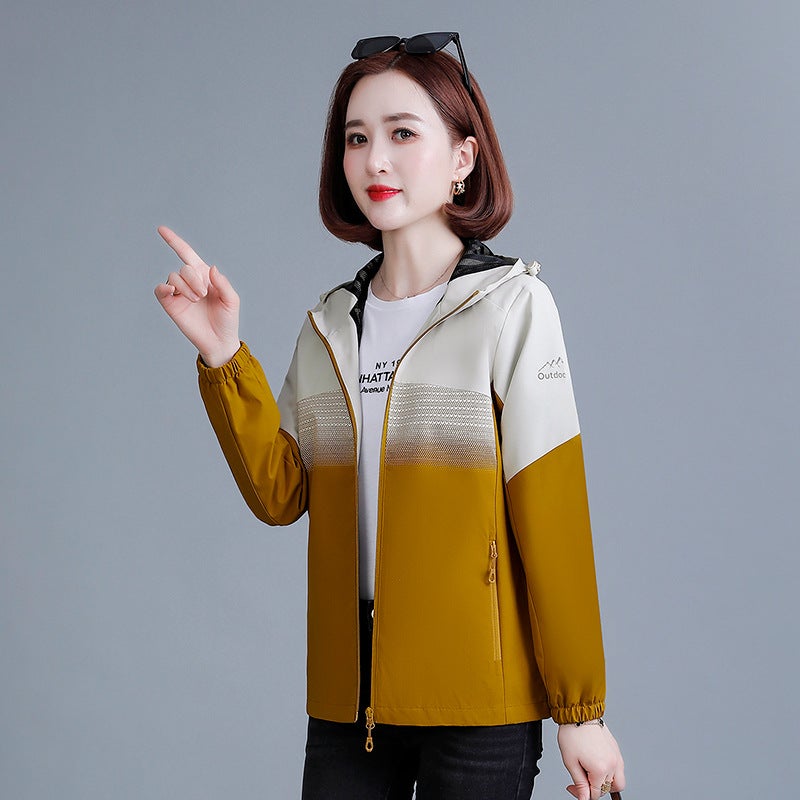 Fashionable casual hooded contrast color jacket for women Spring and Autumn new windproof waterproof zipper jacket for middle-aged mothers Turmeric  - Image 1