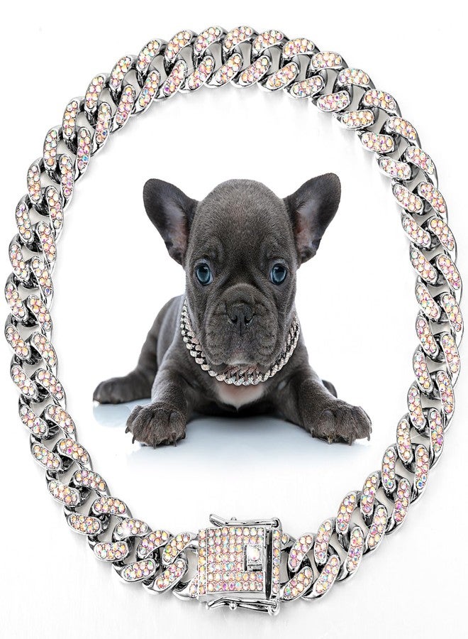 LEIFIDE Dog Chain Collar Diamond Link Puppy Collar 12 mm Wide Dog Necklace Metal Cat Chain Pet Crystal Necklace Jewelry Accessories for Small Medium Large Pet(10 Inch,Silver, AB Color) - Image 1
