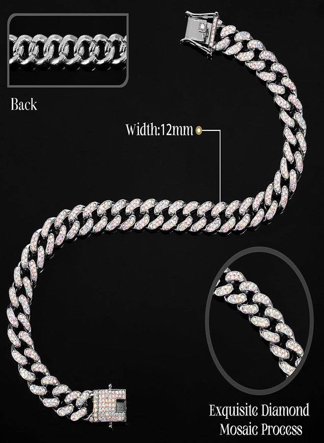 LEIFIDE Dog Chain Collar Diamond Link Puppy Collar 12 mm Wide Dog Necklace Metal Cat Chain Pet Crystal Necklace Jewelry Accessories for Small Medium Large Pet(10 Inch,Silver, AB Color) - Image 2