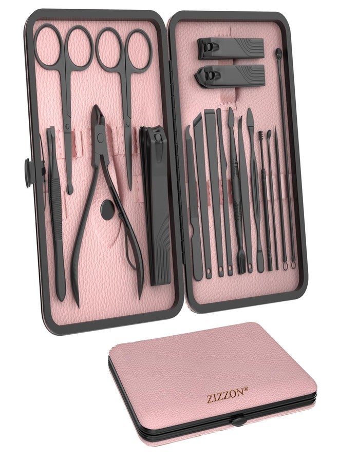 ZIZZON Nail Clippers Manicure Pedicure Set 18 in 1 Nail Grooming Kit with Leather Travel Case(Black/Pink) - Image 1