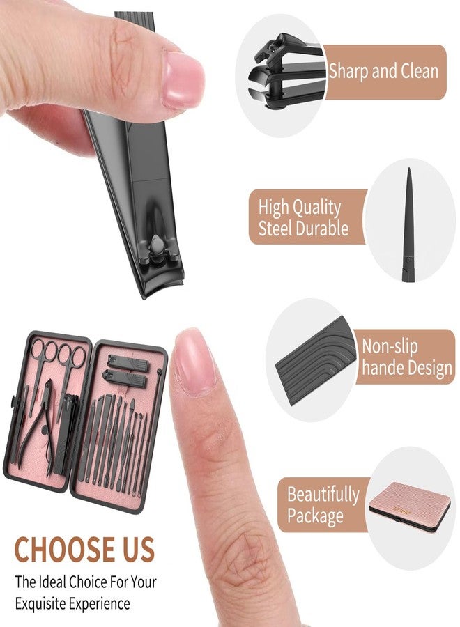 ZIZZON Nail Clippers Manicure Pedicure Set 18 in 1 Nail Grooming Kit with Leather Travel Case(Black/Pink) - Image 2