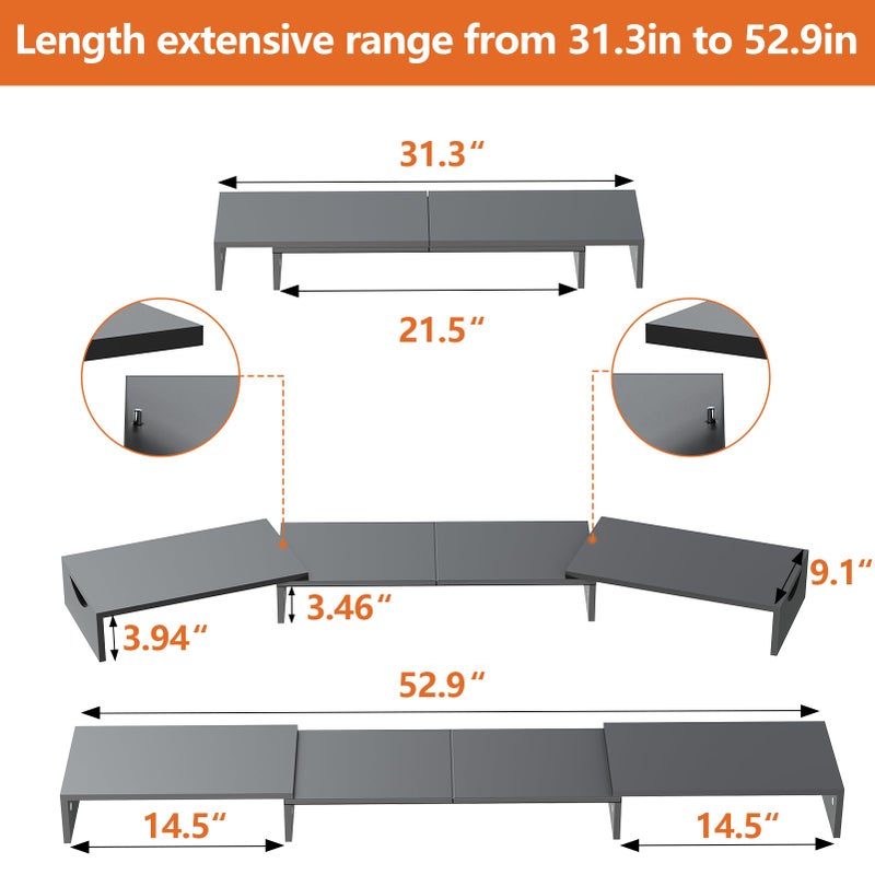 ErgoFocus Triple Monitor Stand Riser, Extra Long Monitor Riser for 1~2~3 Monitors, Dual Monitor Stand with Length and Angle Adjustable, 3 Shelf Monitor Stand for Desk - Image 2