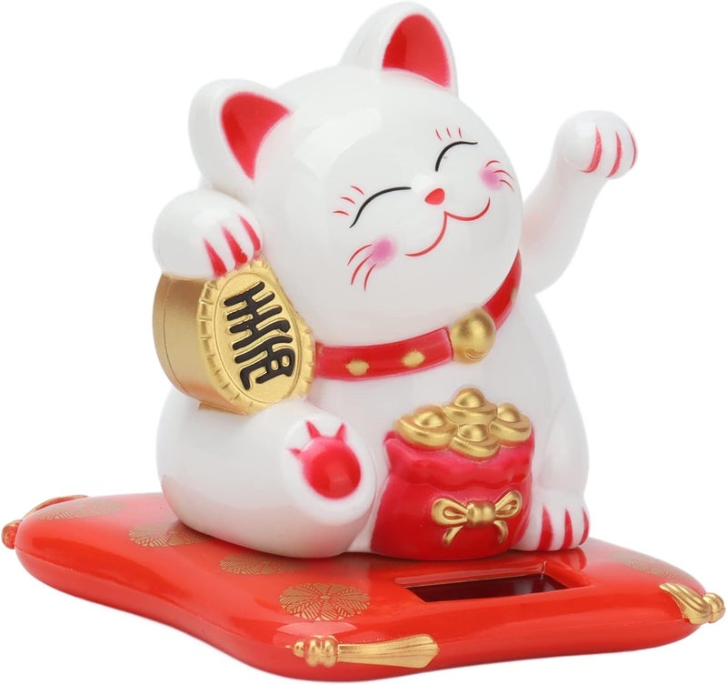 OUKA Lucky Cat, Energy Saving Fortune Cat Wealth Welcoming Cat Solar Powered Cute Lucky Cat with Waving Arm for Home Office Car(White ) - Image 1