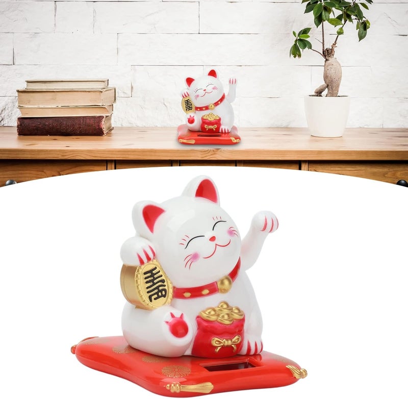 OUKA Lucky Cat, Energy Saving Fortune Cat Wealth Welcoming Cat Solar Powered Cute Lucky Cat with Waving Arm for Home Office Car(White ) - Image 3