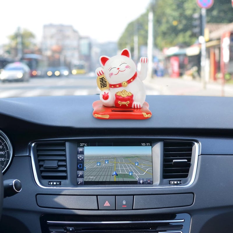 OUKA Lucky Cat, Energy Saving Fortune Cat Wealth Welcoming Cat Solar Powered Cute Lucky Cat with Waving Arm for Home Office Car(White ) - Image 4