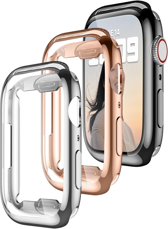Dirrelo 3 Pack Case Compatible with Apple Watch Series 7 45mm Screen Protector, Full Coverage Protective HD Clear Case, Soft TPU Bumper Cover Compatible with iWatch Series 7, Black/Silver/Gold
