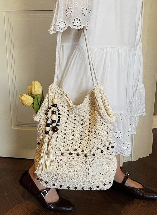 Rejolly Crochet Hobo Bag for Women Boho Handmade Woven Macrame Tote Bag Summer Vacation Beach Handbags Bohemian Ethnic Style Shoulder Purse with Tassels Cream White - Image 2