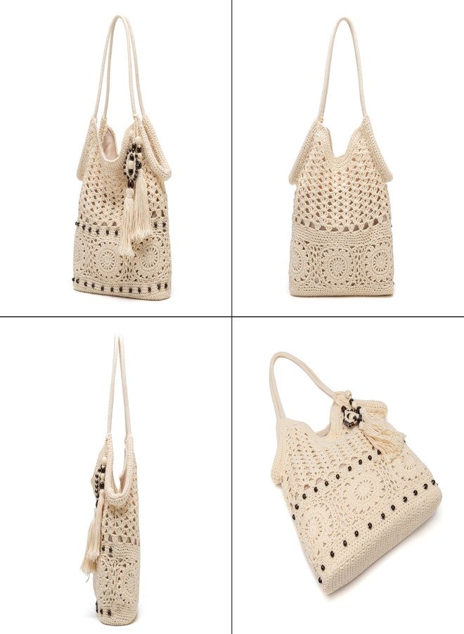 Rejolly Crochet Hobo Bag for Women Boho Handmade Woven Macrame Tote Bag Summer Vacation Beach Handbags Bohemian Ethnic Style Shoulder Purse with Tassels Cream White - Image 3