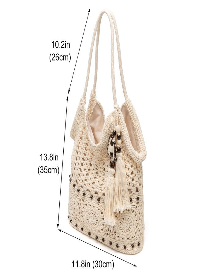 Rejolly Crochet Hobo Bag for Women Boho Handmade Woven Macrame Tote Bag Summer Vacation Beach Handbags Bohemian Ethnic Style Shoulder Purse with Tassels Cream White - Image 4