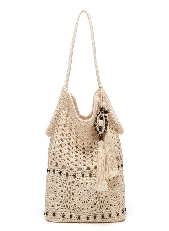 Rejolly Crochet Hobo Bag for Women Boho Handmade Woven Macrame Tote Bag Summer Vacation Beach Handbags Bohemian Ethnic Style Shoulder Purse with Tassels Cream White - Image 1