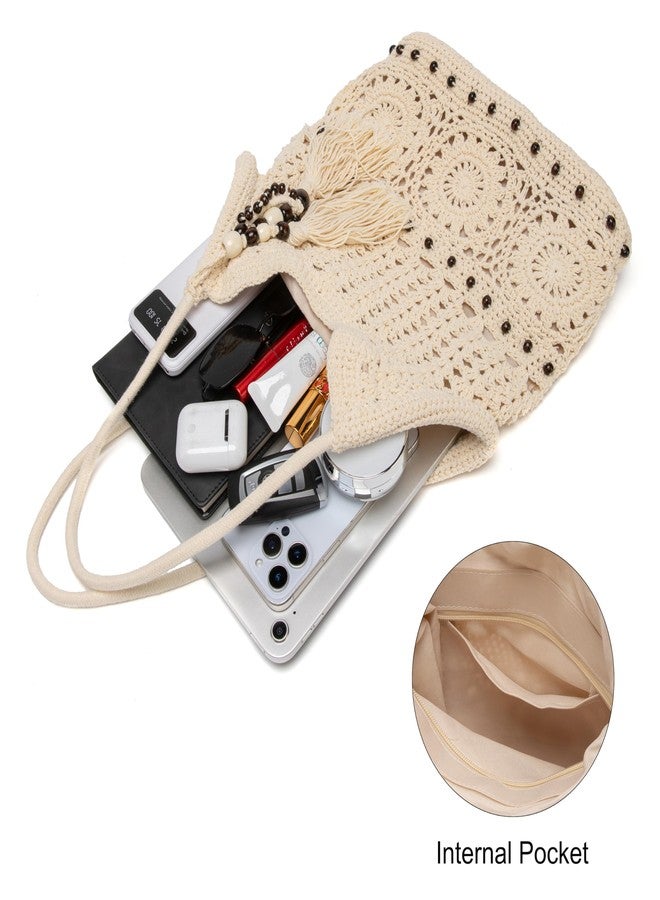 Rejolly Crochet Hobo Bag for Women Boho Handmade Woven Macrame Tote Bag Summer Vacation Beach Handbags Bohemian Ethnic Style Shoulder Purse with Tassels Cream White - Image 5