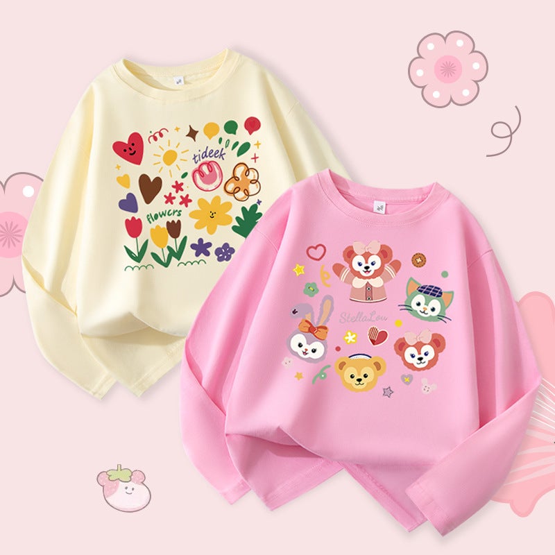 Kidsren'S Printed Cotton Long-Sleeved T-Shirts Spring & Fall New Style Medium And Large Girls' Fashionable And Versatile Loose Round Neck Tops - Image 2