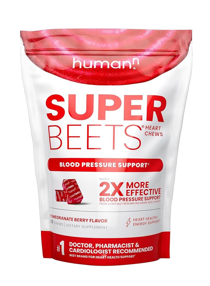 SuperBeets Heart Chews - Nitric Oxide Production and Blood Pressure Support - Grape Seed Extract And Non-GMO Beet Energy Chews - Pomegranate Berry - 60 Count