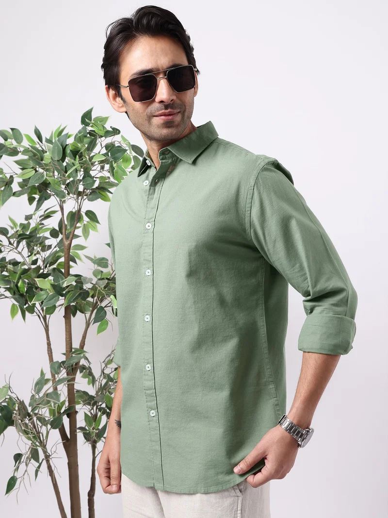 Maniac  Maniac Solid Mens Collared Neck Full Sleeve Cotton Linen Green Shirt for Men | Best Price UAE