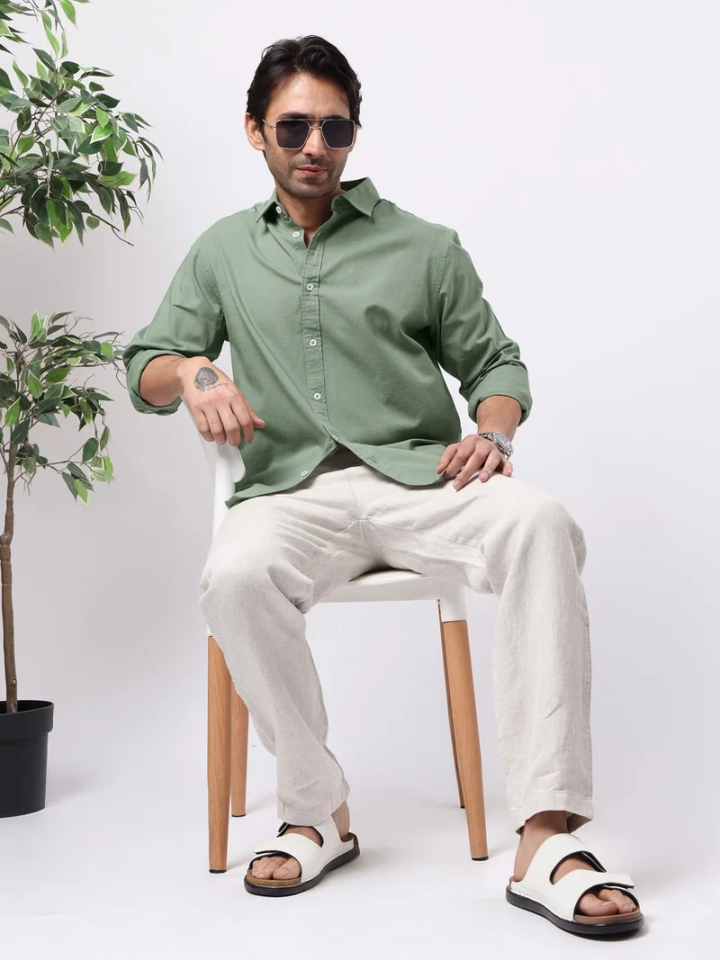 Maniac  Maniac Solid Mens Collared Neck Full Sleeve Cotton Linen Green Shirt for Men | Best Price UAE
