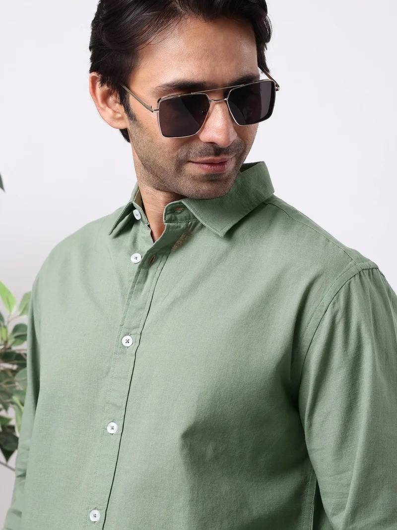 Maniac Maniac Solid Mens Collared Neck Full Sleeve Cotton Linen Green Shirt