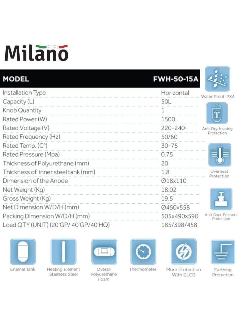 Danube Home Milano 50L Horizontal Electric Water Heater - 1500W, Enamel Tank, ELCB Protection - Model FWH-50-15A - Image 4
