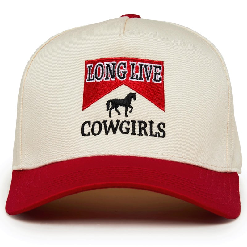 Funky Junque Two Tone Vintage Snapback Hat - Long Live Cowgirls - Red/Beige - Image 1