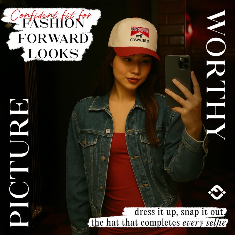 Funky Junque Two Tone Vintage Snapback Hat - Long Live Cowgirls - Red/Beige - Image 4