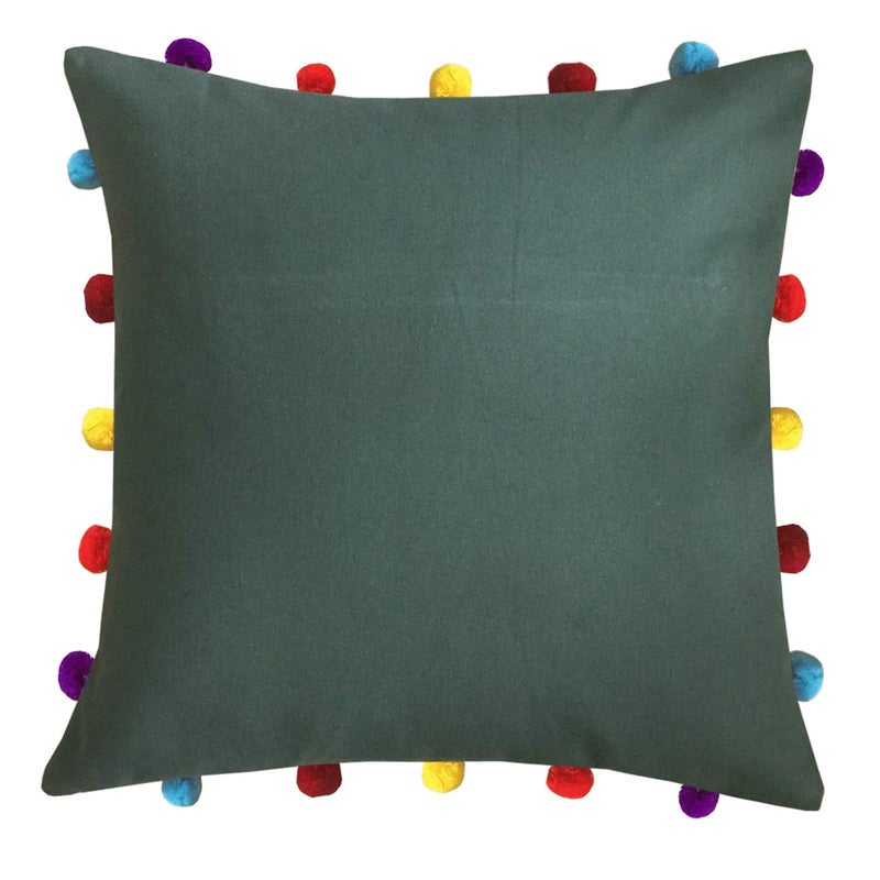 Lushomes Cushion Cover 16x16 Boho Cushion Covers Sofa Pillow Cover Cushion Covers with Tassels Cushion Cover with pom pom 16x16 Inches Set of 3 Olive Green - Image 2