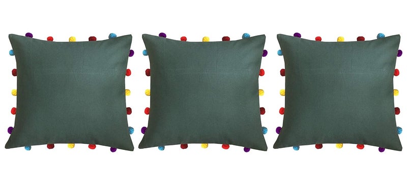 Lushomes Cushion Cover 16x16 Boho Cushion Covers Sofa Pillow Cover Cushion Covers with Tassels Cushion Cover with pom pom 16x16 Inches Set of 3 Olive Green - Image 1