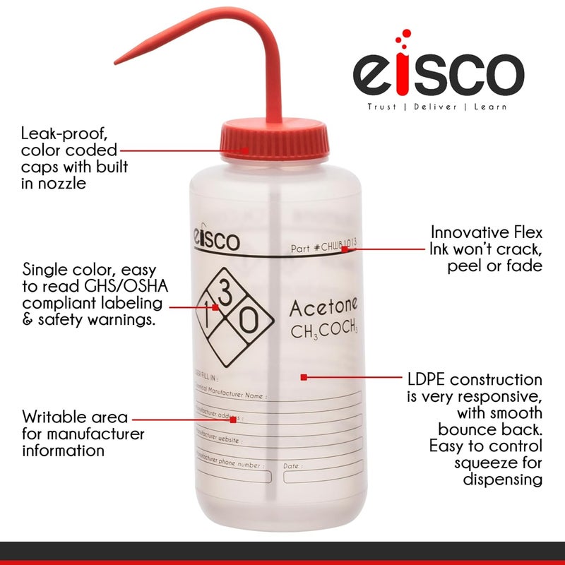 EISCO 6PK Wash Bottles for Acetone, 1000ml - Labeled with Chemical Information & Safety Information (1 Color) - Wide Mouth, Self Venting, Low Density Polyethylene - Performance Plastics Labs - Image 5